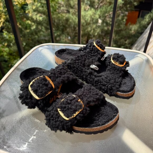 New Birkenstock Arizona Big Buckle Teddy Sandals Slip On in Black Gold US 9 / 40 - Picture 4 of 15